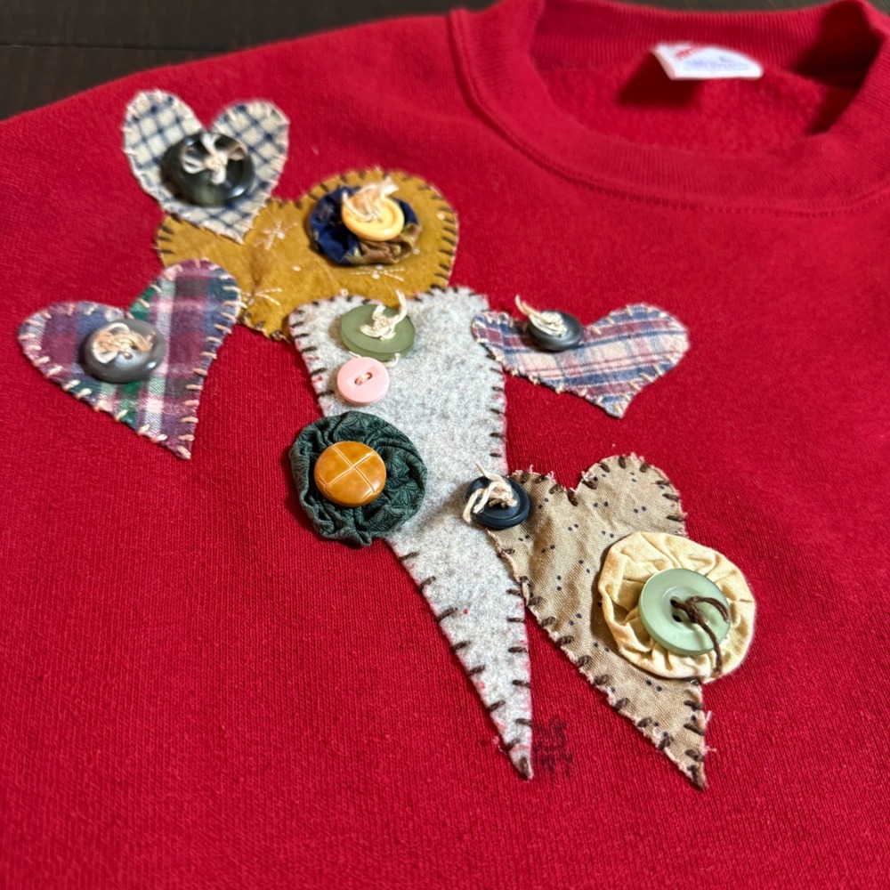 Vtg 90s Jerzees Sweatshirt L Red Patchwork Quilt Hearts Grandmacore USA Made